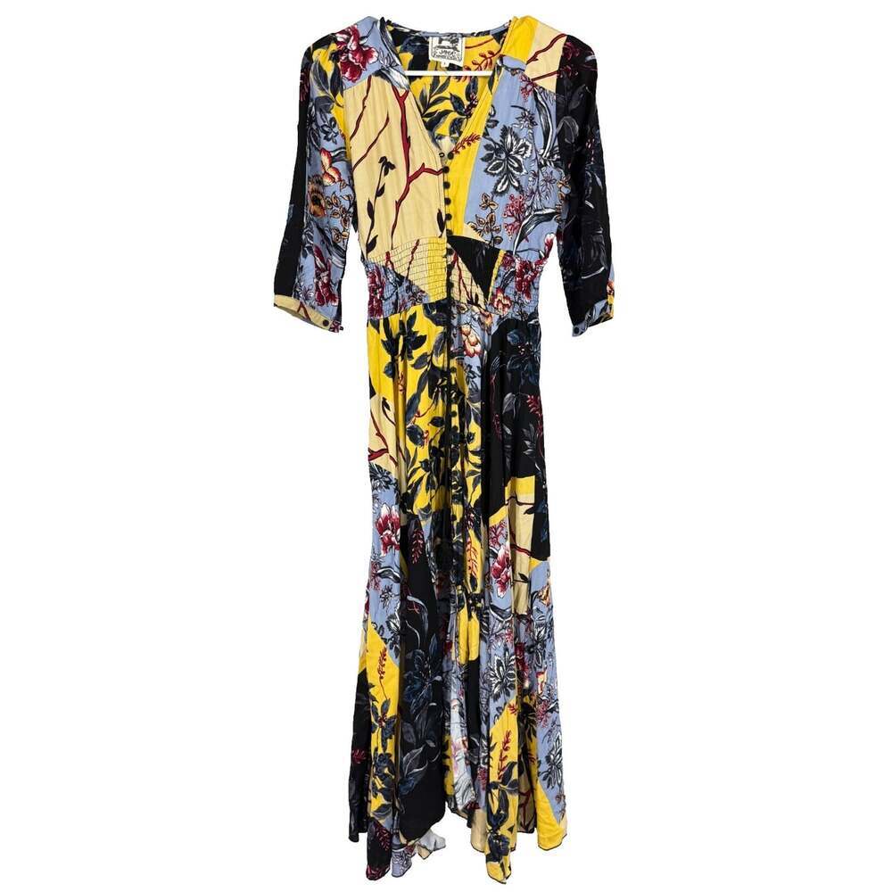 JAASE Women S Floral Maxi Dress Colorful 3/4 Sleeve Feminine Flowy Button Front